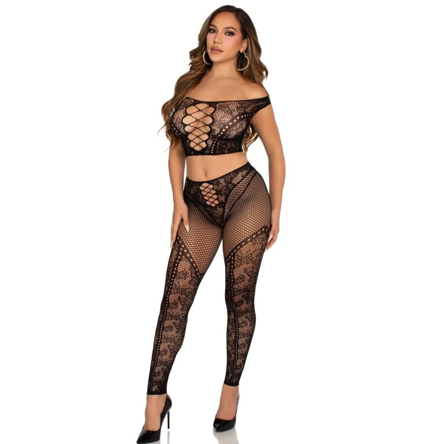 LEG AVENUE - CROP TOP AND FISHNET LEGGING WITH BARE SHOULDERS BLACK thumb 2