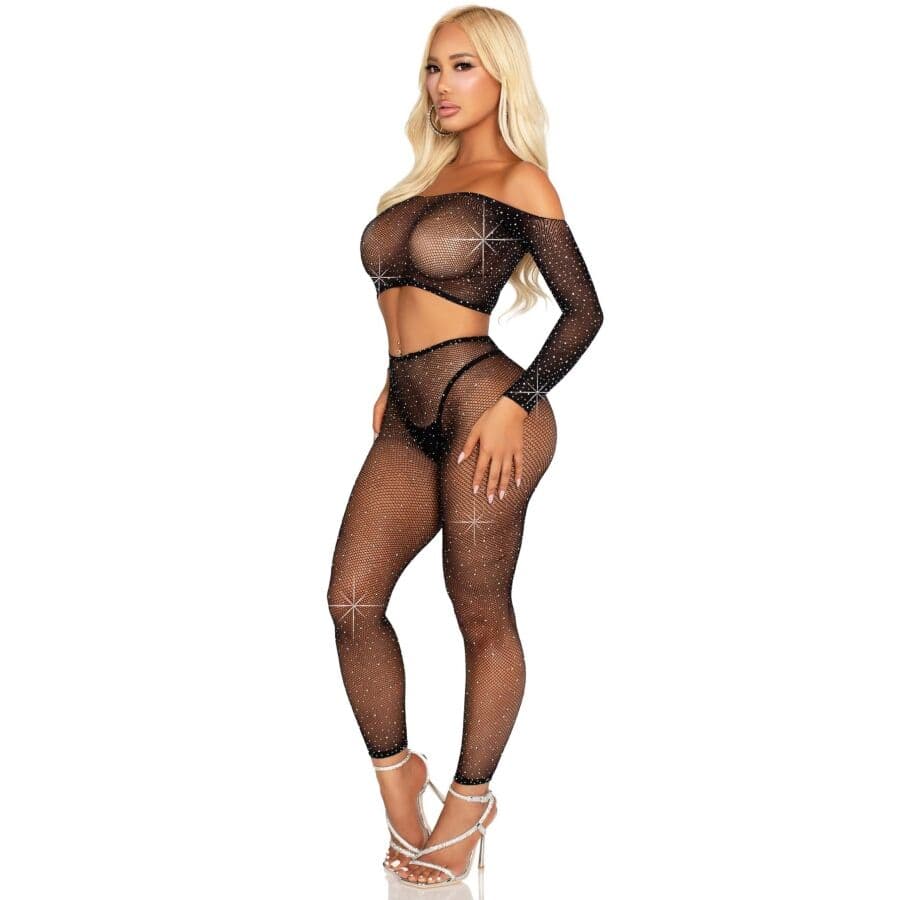 LEG AVENUE - CROP TOP AND FISHNET LEGGING WITH RHINESTONES BLACK thumb 2