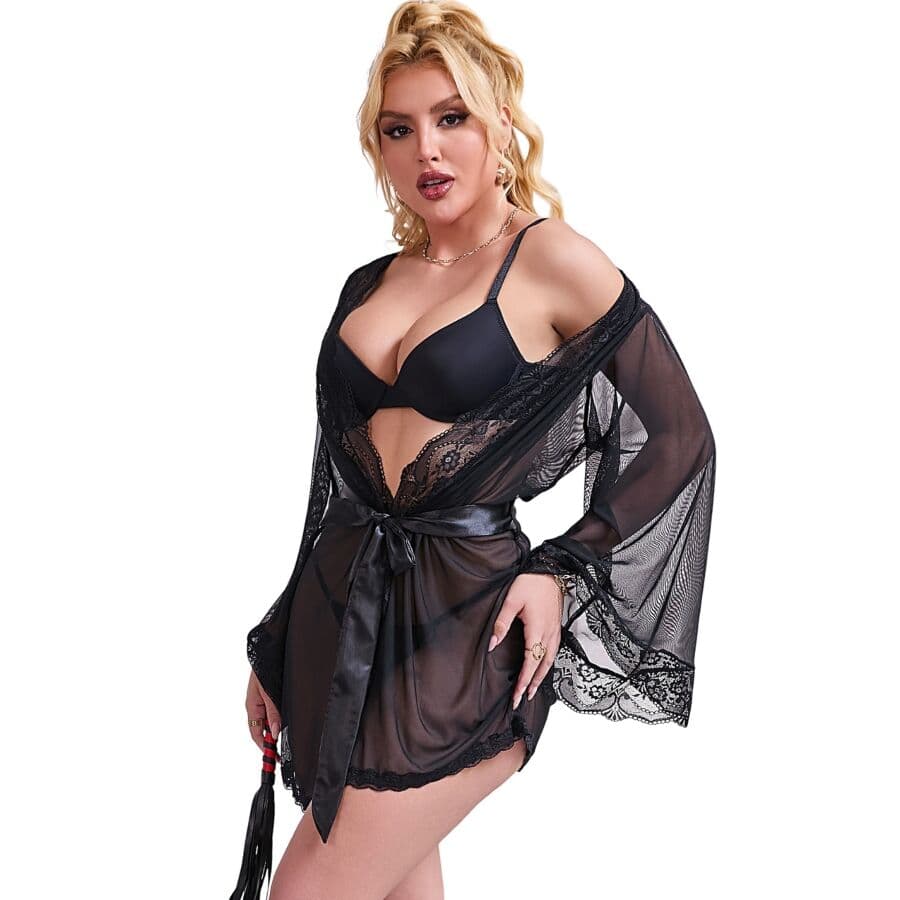 SUBBLIME - TRANSPARENT FABRIC ROBE WITH LACE DETAIL BLACK S/M thumb 4