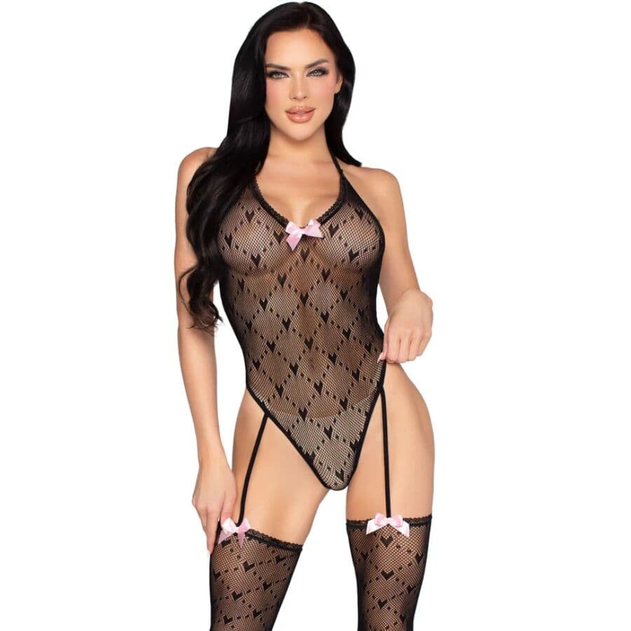 LEG AVENUE - 89360 OPEN BACK BODYSUIT WITH GARTER BELT BLACK- ONE SIZE thumb 1