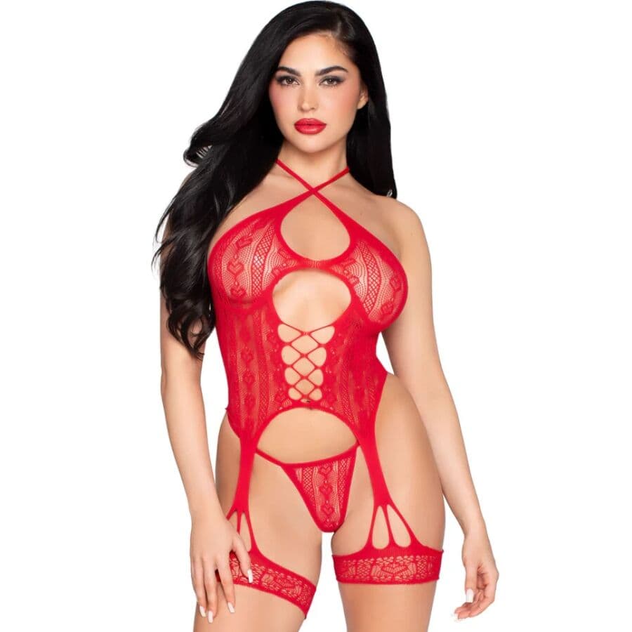 LEG AVENUE - 89338 LACE OPEN BODYSUIT WITH GARTER BELT + THONG RED - ONE SIZE thumb 1