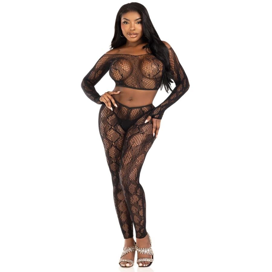 LEG AVENUE - 89373 PYTHON CROP TOP & FOOTLESS TIGHTS BLACK - ONE SIZE thumb 4
