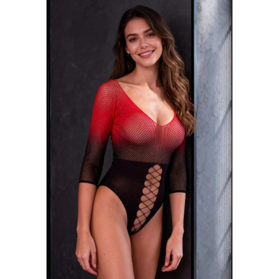 PASSION - BS118 BLACK AND RED MESH BODYSTOCKING thumb 2