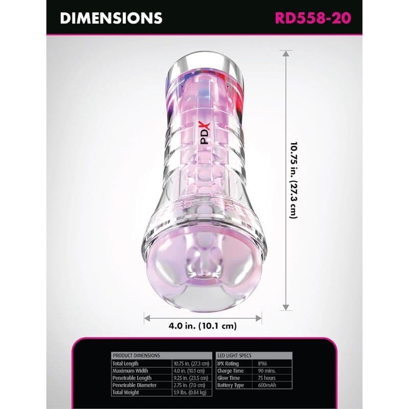 PDX ELITE - VIEWTUBE XXL LED TRANSPARENT STROKER 27.3 CM thumb 4