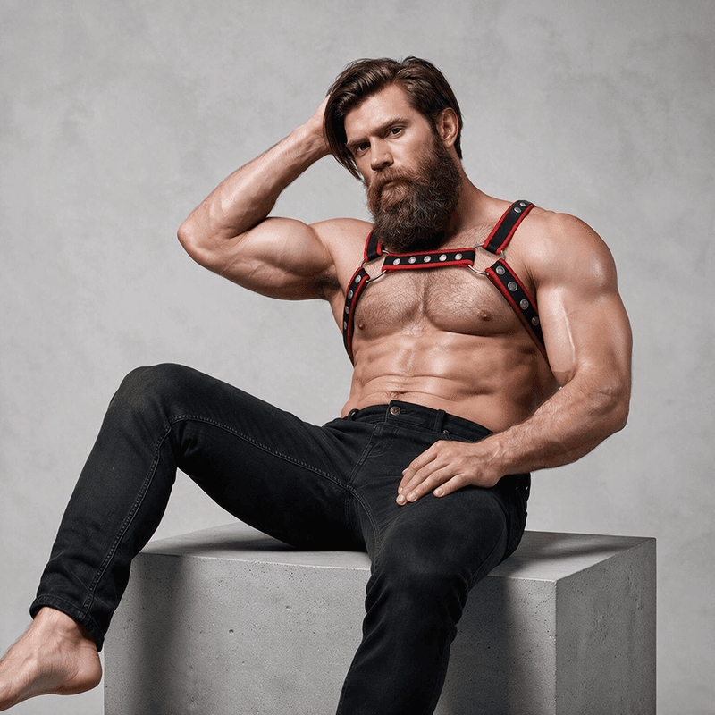 FETISH SUBMISSIVE ATTITUDE - MENS ECO-LEATHER CHEST BULLDOG HARNESS BLACK/RED thumb 4
