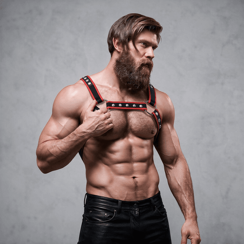 FETISH SUBMISSIVE ATTITUDE - MENS ECO-LEATHER CHEST BULLDOG HARNESS BLACK/RED thumb 3