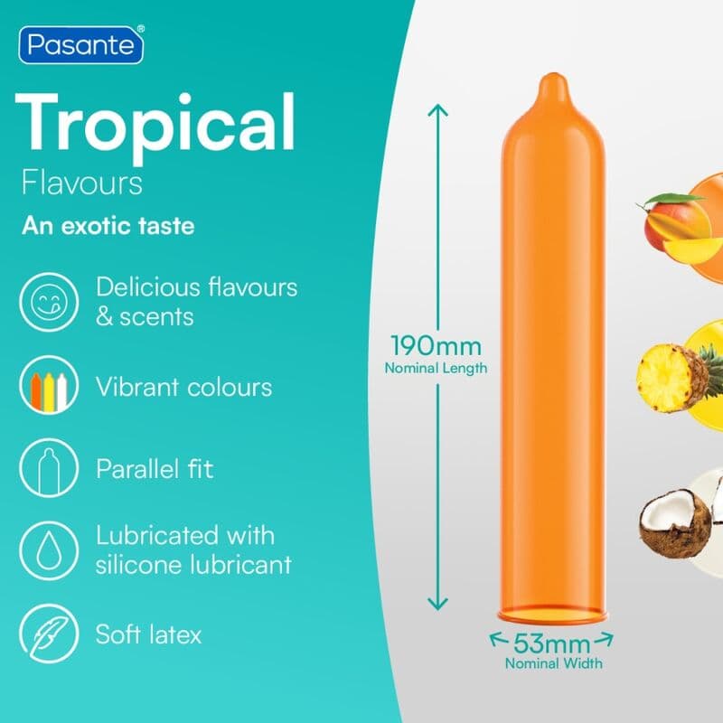 PASANTE - TROPICAL MANGO PINEAPPLE AND COCONUT FLAVOURED CONDOMS 53 MM 144 UNITS thumb 4