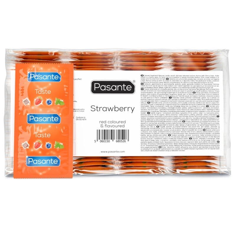PASANTE - CONDOMS FLAVOR STRAWBERRY BAG 144 UNITS