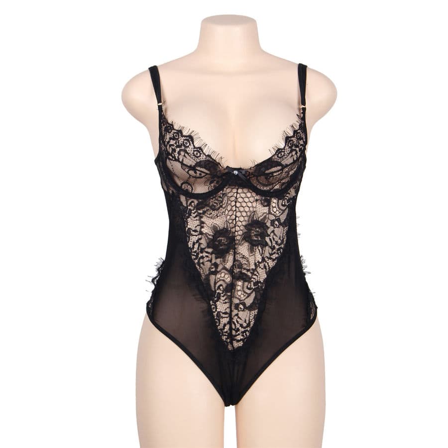 SUBBLIME - QUEEN PLUS FLORAL LACE AND FRINGED BLACK TEDDY thumb 1
