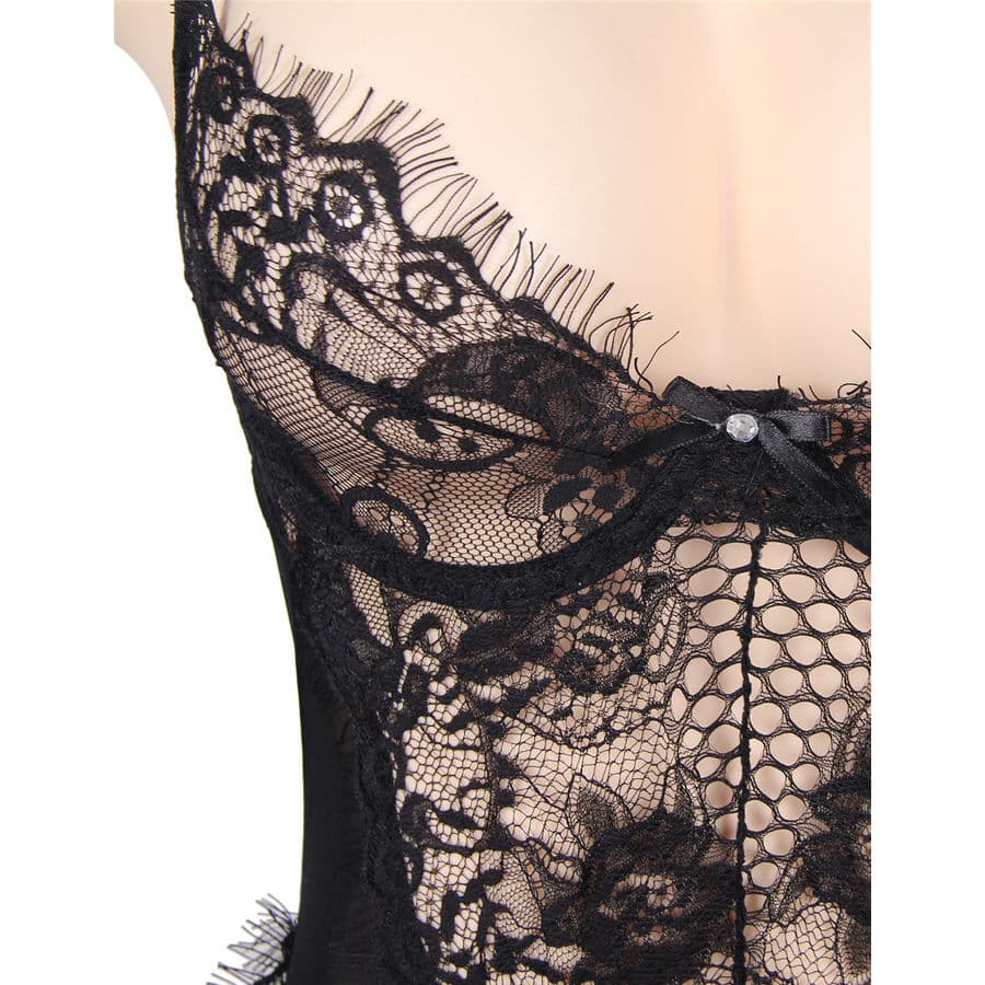 SUBBLIME - QUEEN PLUS FLORAL LACE AND FRINGED BLACK TEDDY thumb 4