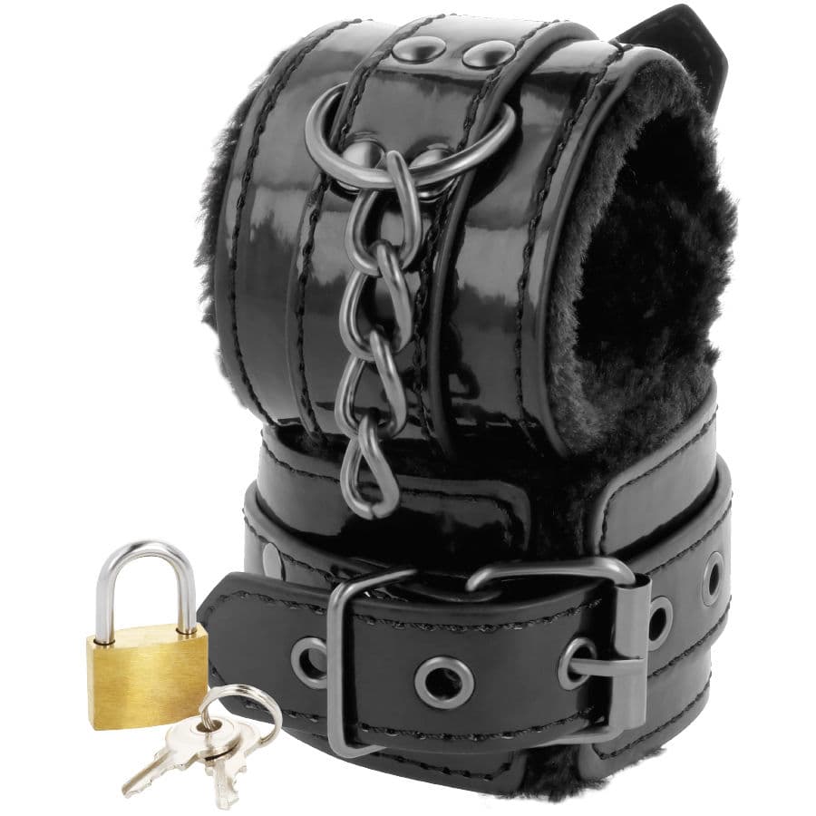 DARKNESS - BLACK ADJUSTABLE LEATHER HANDCUFFS WITH PADLOCK thumb 2