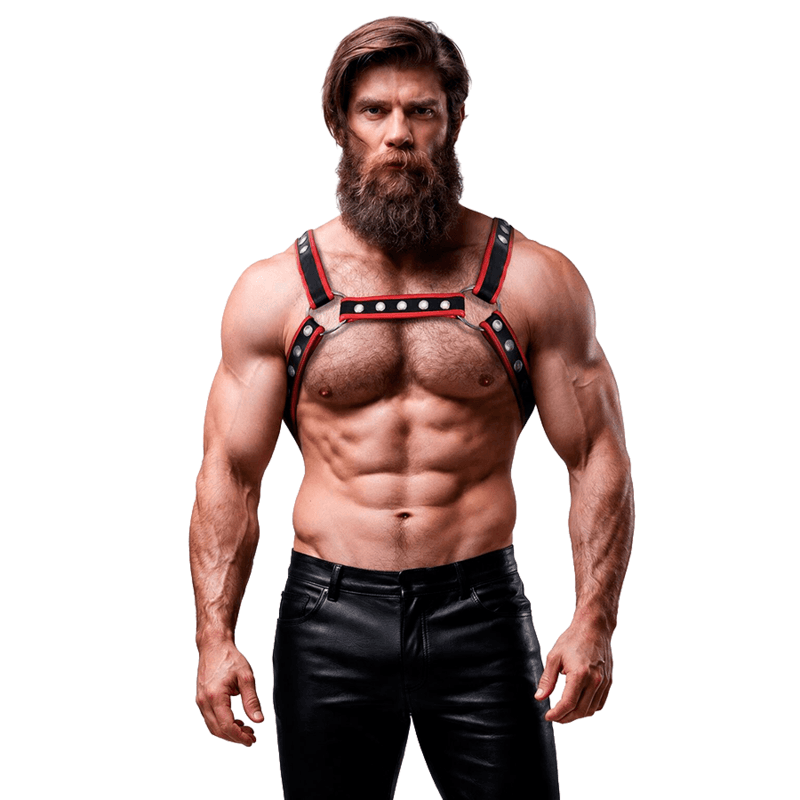 FETISH SUBMISSIVE ATTITUDE - MENS ECO-LEATHER CHEST BULLDOG HARNESS BLACK/RED